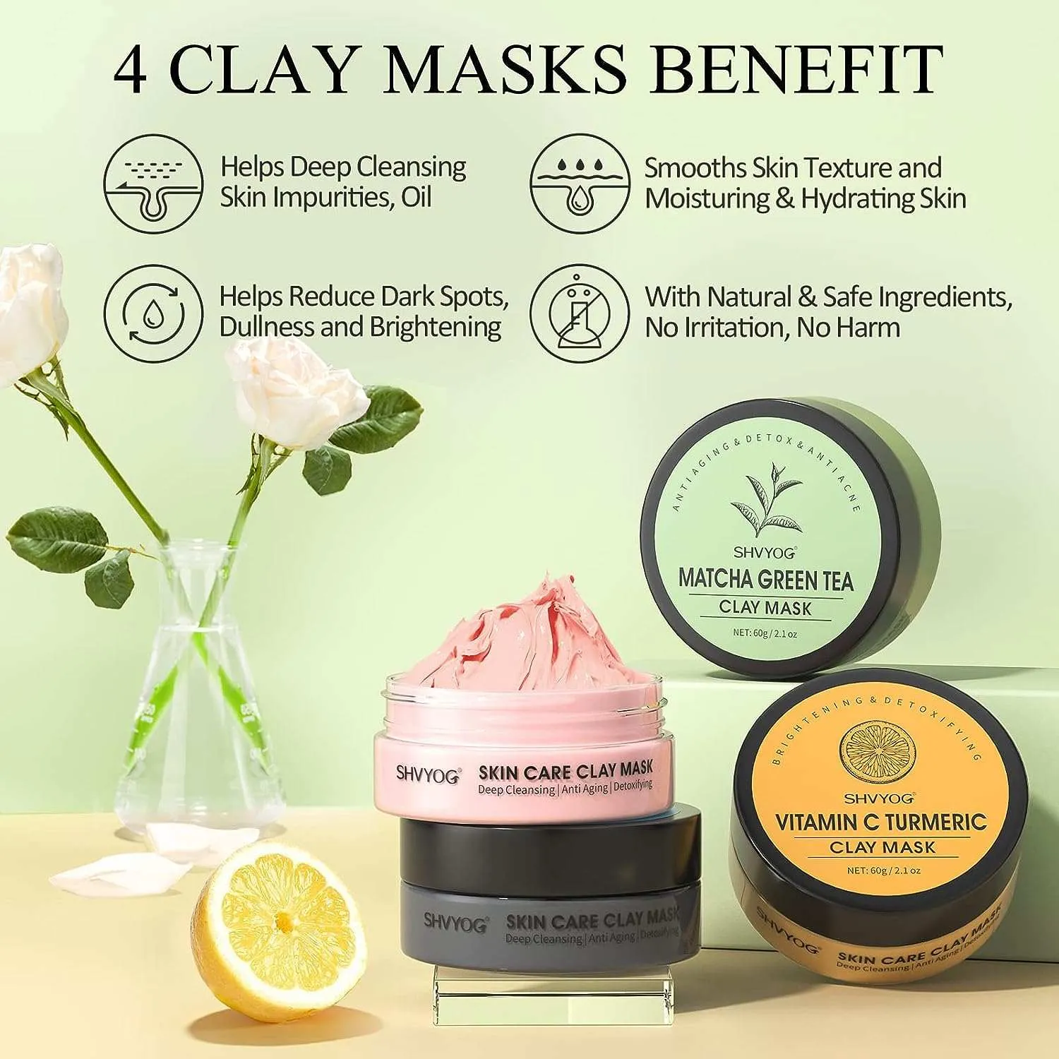 4 Pcs Clay Green Tea Mask Set For Women