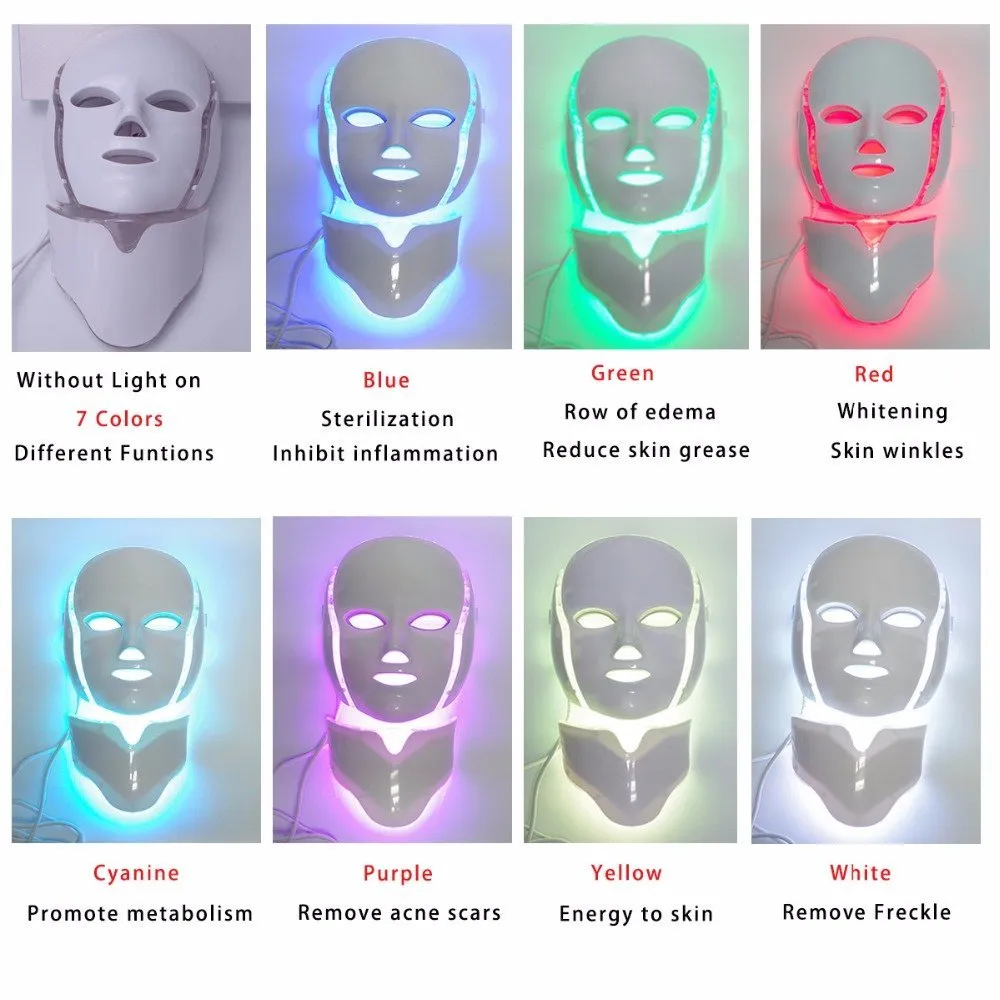 7 Color Photon LED Facial Neck Mask For Skin Rejuvenation, Acne, Pore, Anti-Aging Beauty Light Therapy Light For Home Use