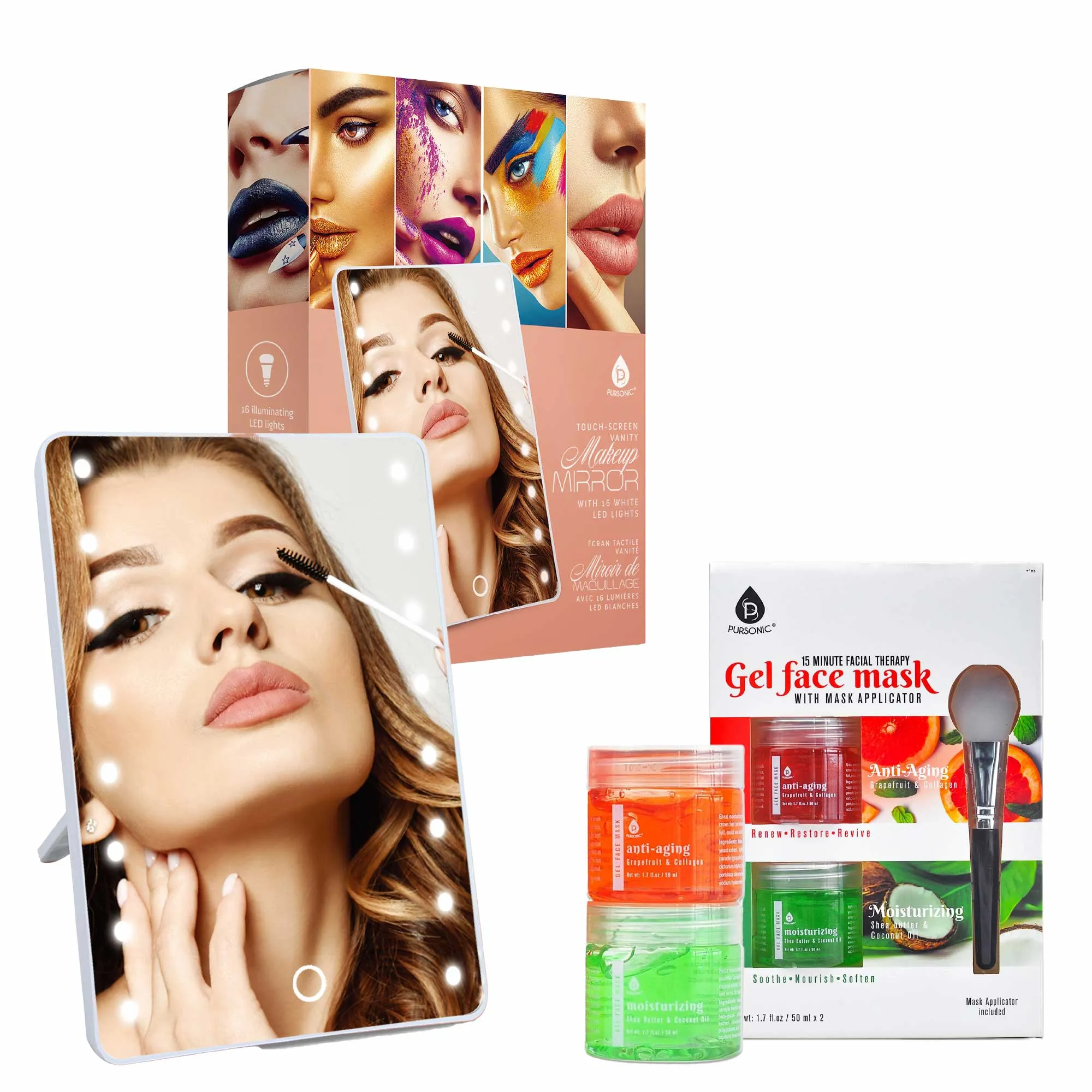 Pursonic Touchscreen LED Vanity Mirror and Luxurious Gel & Mud Face Mask Set