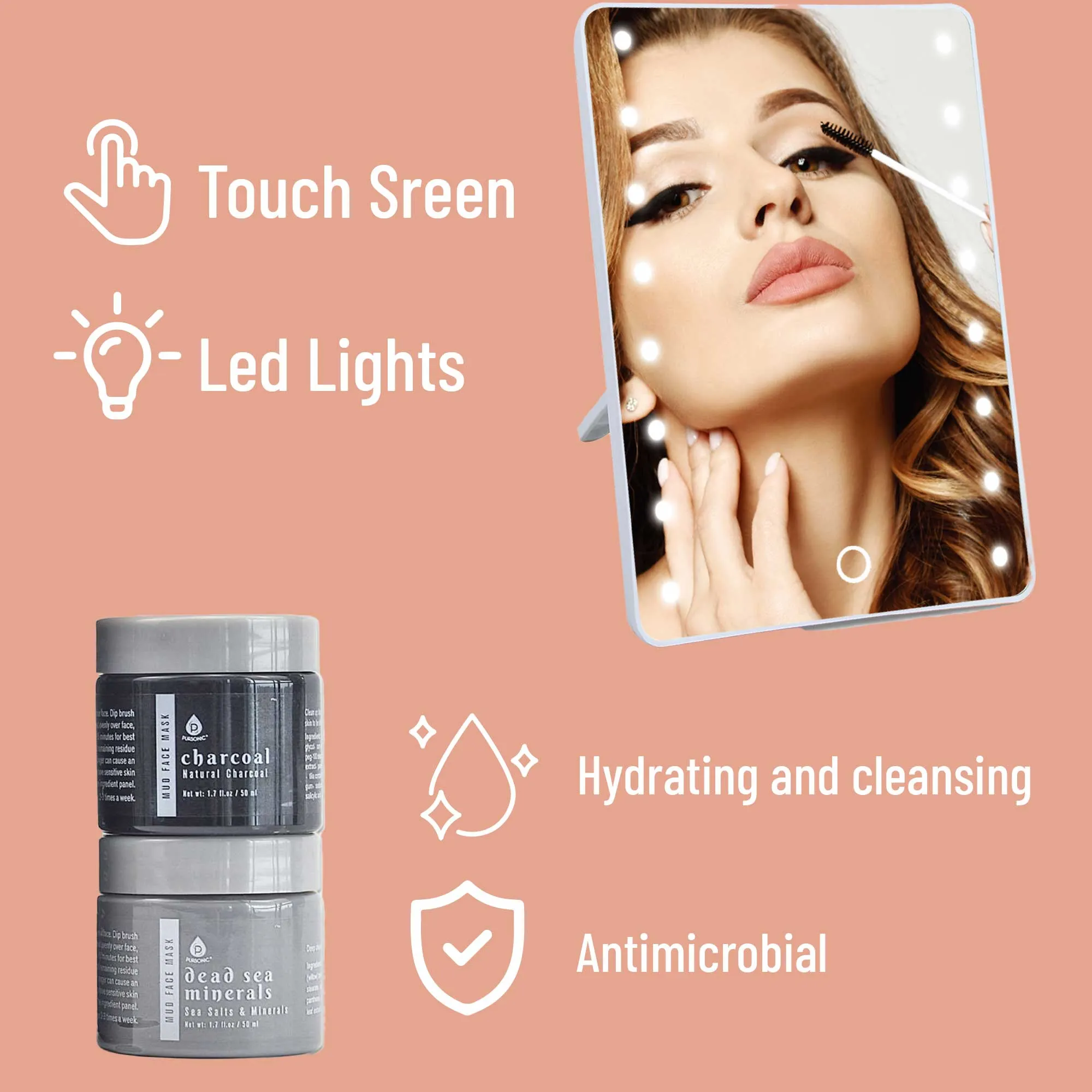 Pursonic Touchscreen LED Vanity Mirror and Luxurious Gel & Mud Face Mask Set